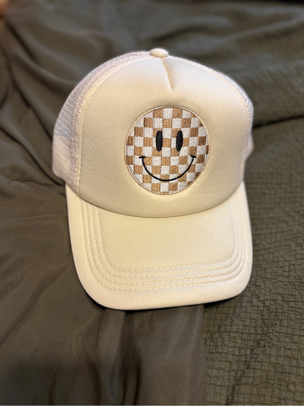 Cream Mesh Trucker Hat with Checkered Smile Patch